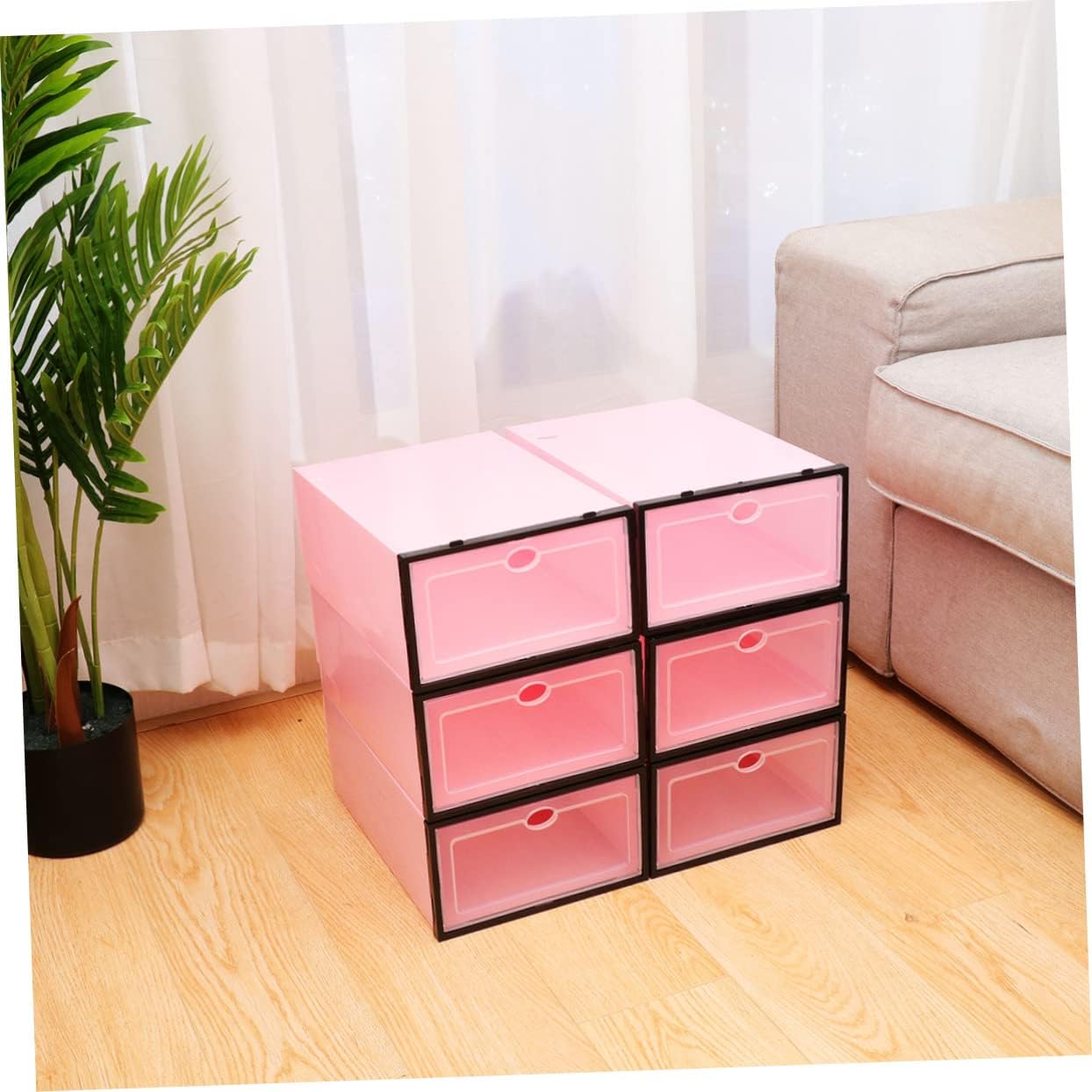 HEALLILY 6Pcs Stackable Shoe Container Thicken Transparent Shoe Box with Black Frame Storage for Closet and Entryway for Organizing Footwear Pink