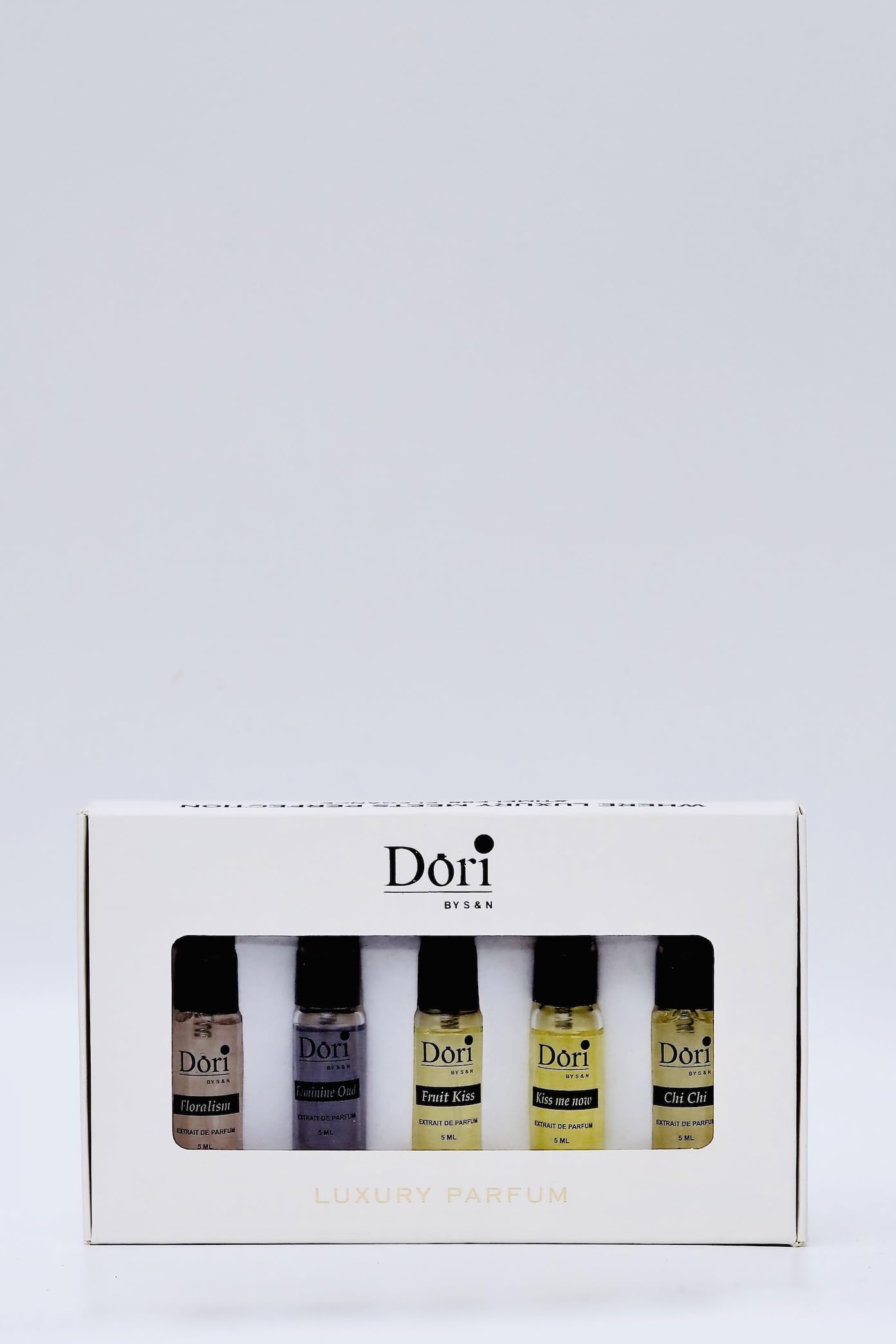 Dori by S&N Luxury Parfum Female Discovery Set, 5 Curated Fragrances, Extrait de Parfum, Chi Chi, Feminine Oud, Florism, Fruit Kiss, Kiss Me Now, 5 ml Each