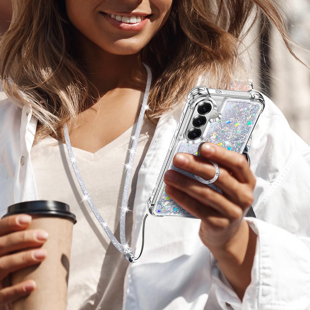 Silverback Etui na telefon Samsung Galaxy S26 z paskiem dla dziewcząt i kobiet, błyszczące etui z podpórką pierścieniową, etui ochronne do Galaxy S26, srebrne