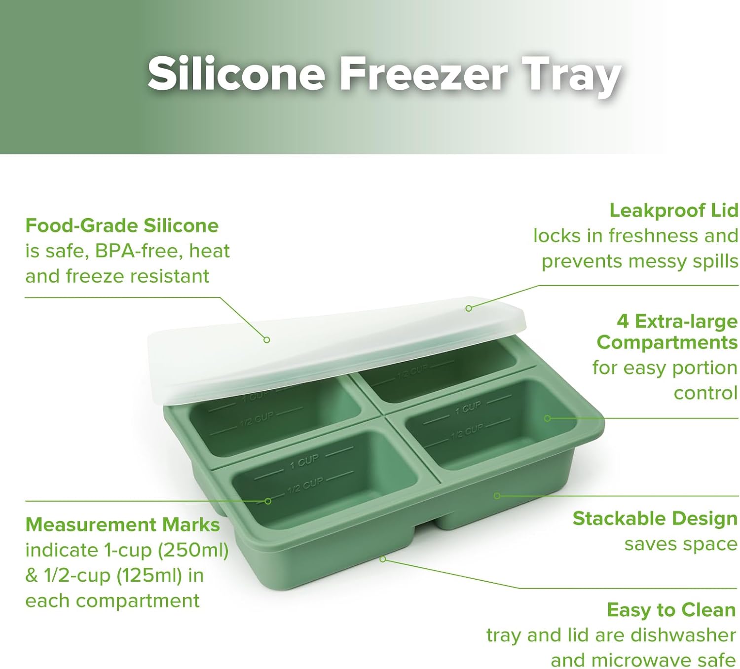 haakaa Sturdy Silicone Freezer Tray with Lid – Soup & Meal Prep Tray, 1 Cup Portion Cubes for Food Storage, Leak-Proof BPA-Free Mold, Easy Release, 2 Pack