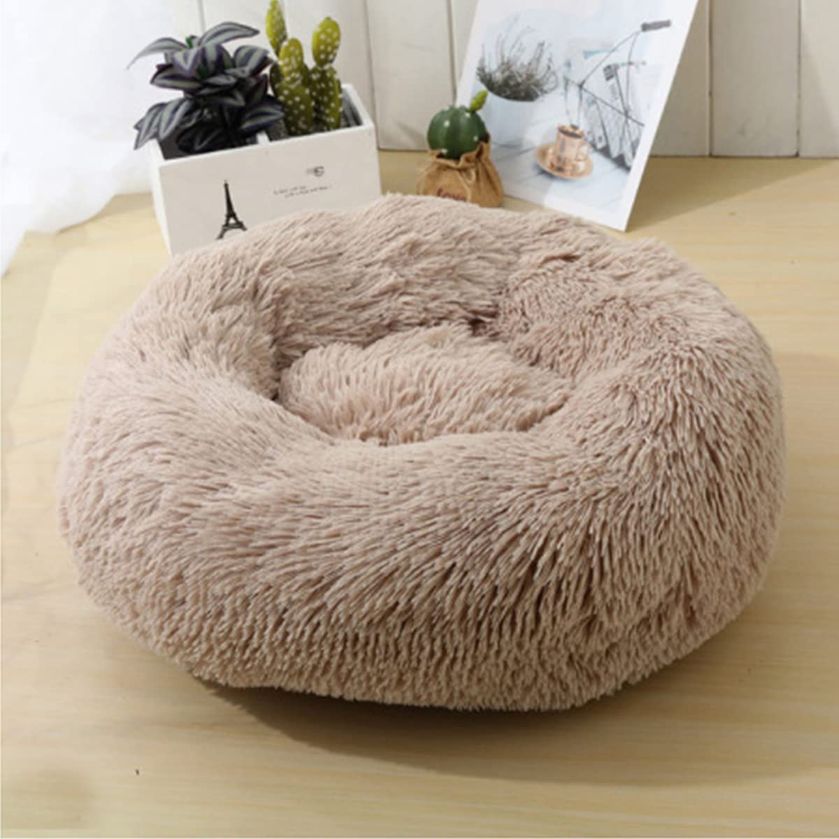 Calming Dog Bed Cat Bed, Washable Round Dog Bed Anti-Slip Fluffy Faux Plush Donut Cuddler Cat Bed for Small Medium Large Dogs - Waterproof Bottom diameter35in