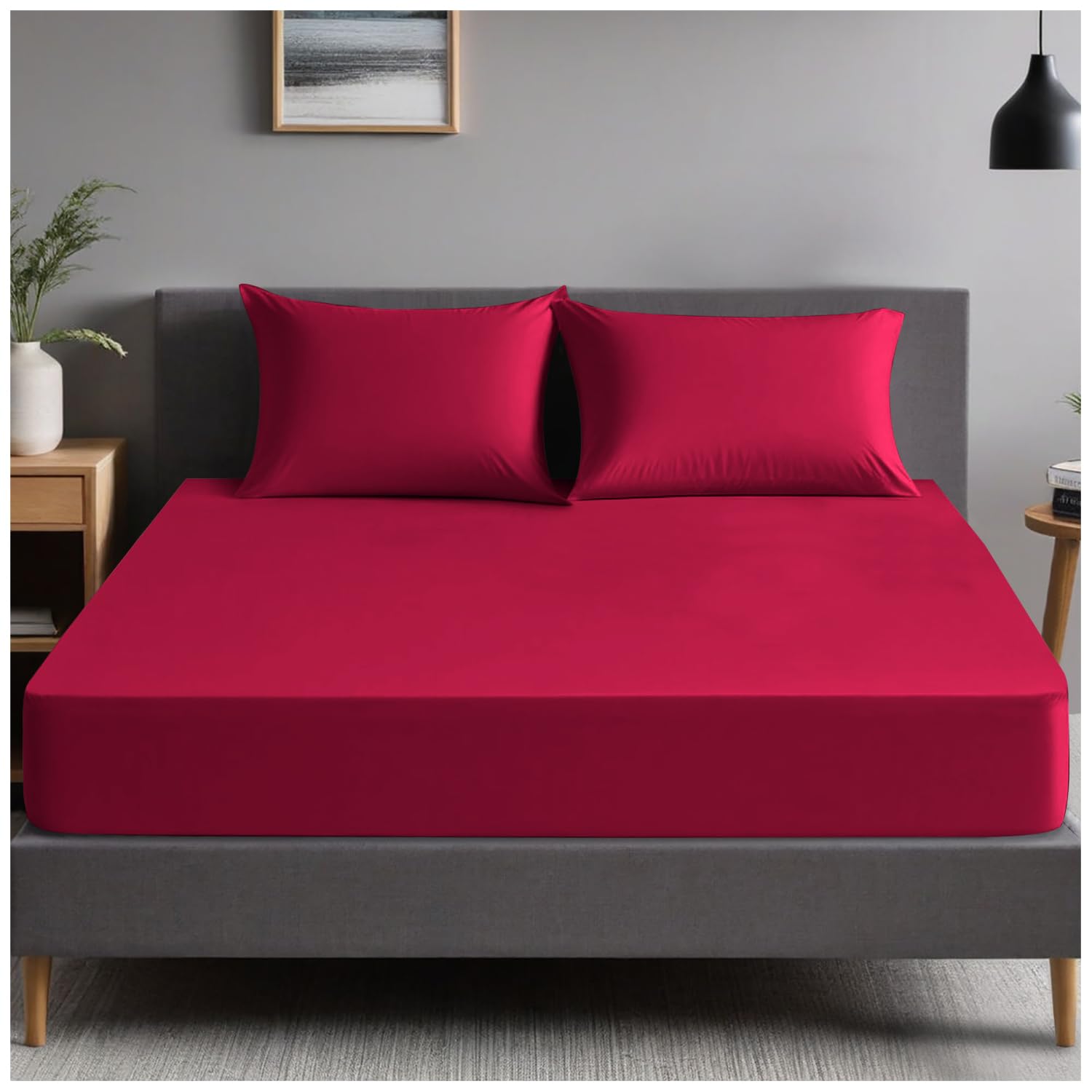 GC GAVENO CAVAILIA | Plain Dyed Bedding Bedsheet - Ultra Soft 4Ft Fitted Bed Sheet - Non Iron Polycotton Percale Sheets | Red