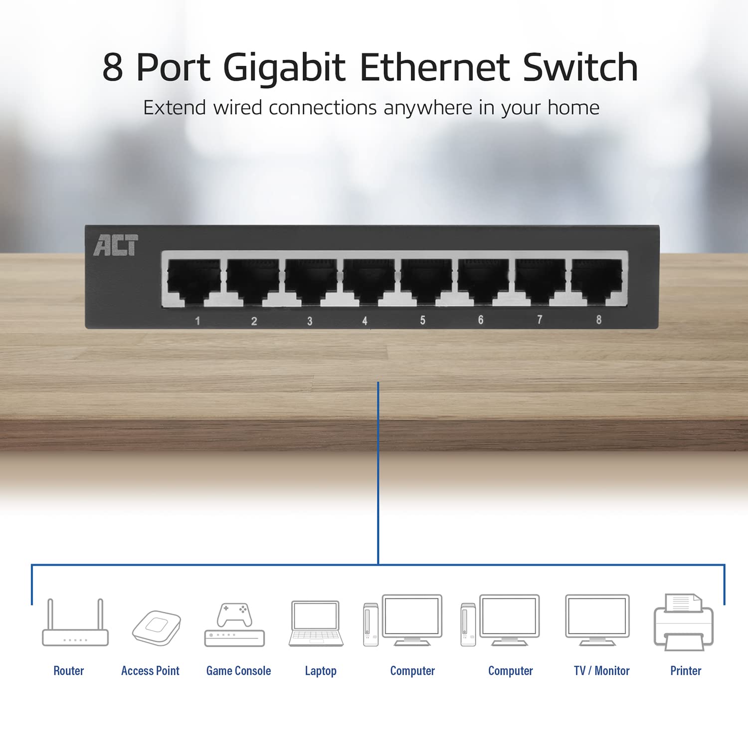 ACT Switch 8 porte, Gigabit Switch 8 porte, LED porta, switch LAN 1000 Mbps, alloggiamento in metallo - AC4418