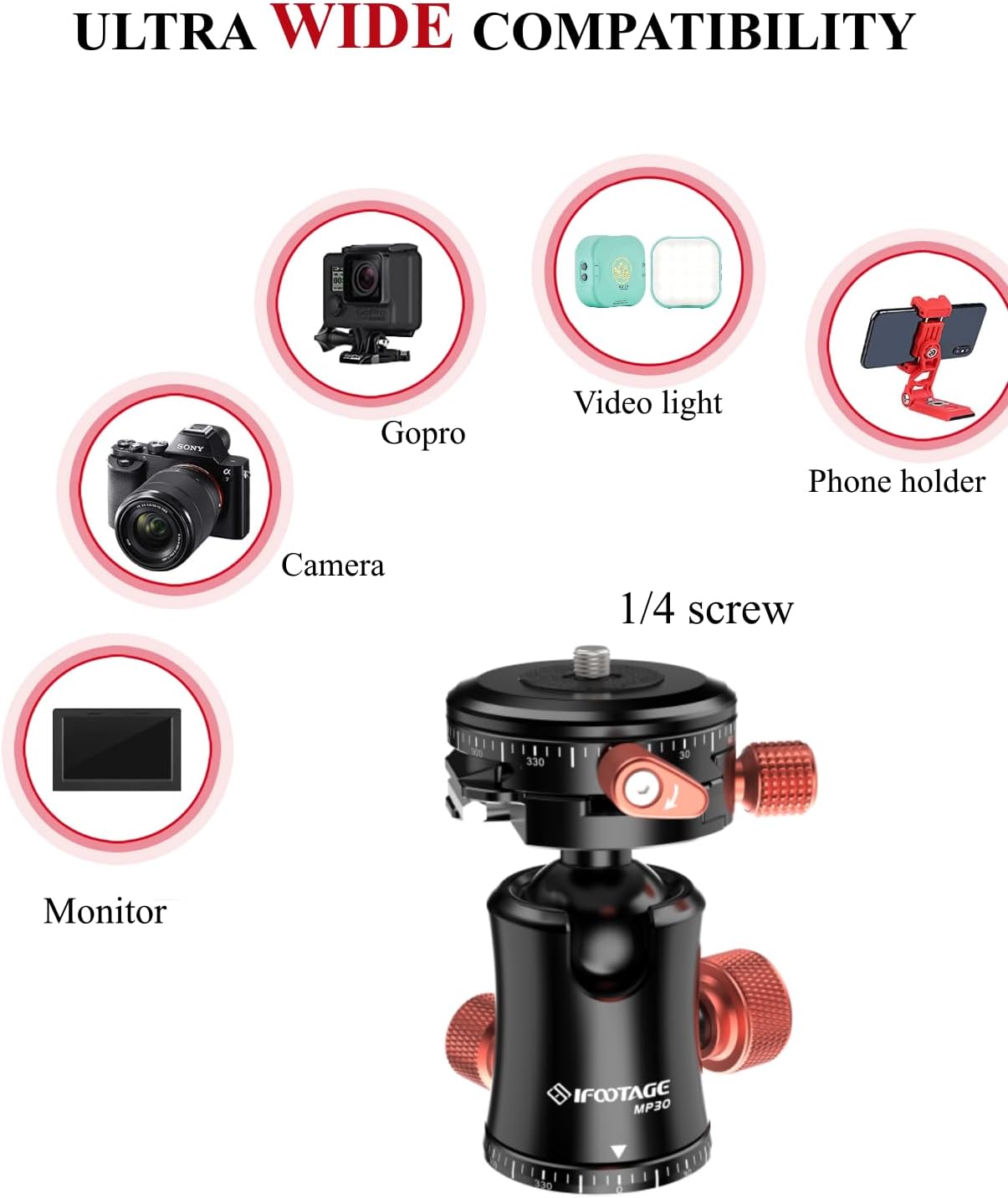 IFOOTAGE Tripod Ball Head Mount Komodo MP30, Dual 360° Panoromic Video Ball Head, Max Load 22lbs /10kg, Aluminum Ball Head for Tripod, Monopod, Slider, DSLR Camera