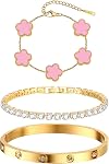Ensemble de bracelets de tennis pour femmes - Bangle plaqué or fleur en acier inoxydable, Dainty 4mm Bracelets de tennis classiques Cubic Zirconia, 15-17cm Bijoux ensemble cadeau pour Mère Meilleurs Amis Soeur petite amie