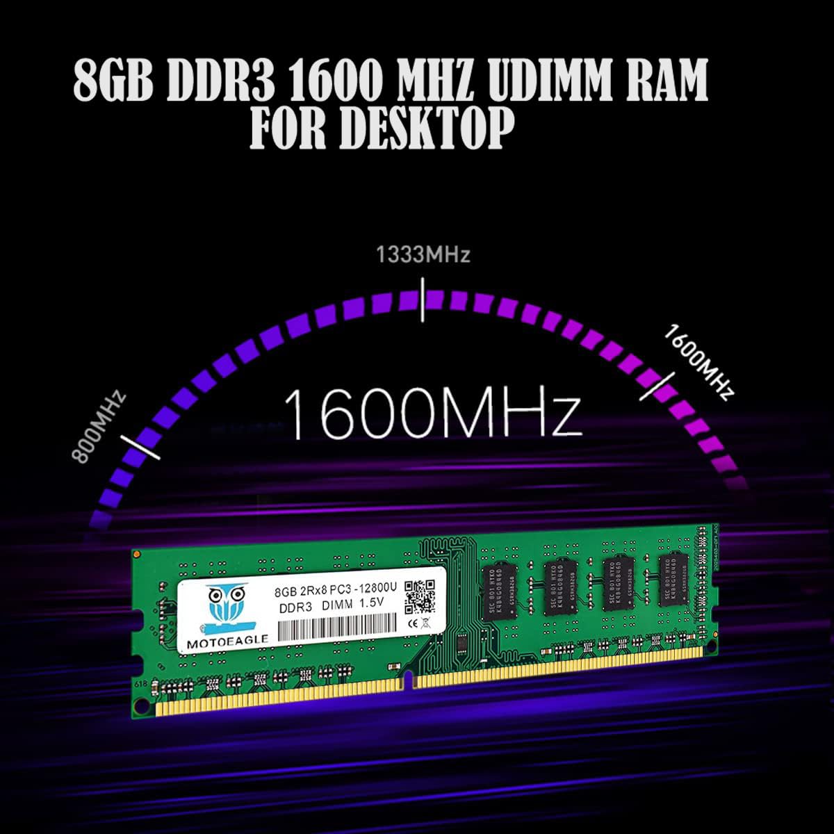 8GB PC3 12800U DDR3 1600MHz UDIMM RAM, 8GB 2Rx8 PC3 12800U CL11 1.5V 240-Pin Non-ECC Memoria Desktop