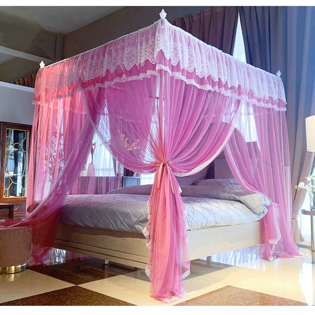 Moustiquaire de lit rose 200x220cm baldaquin été avec support king size