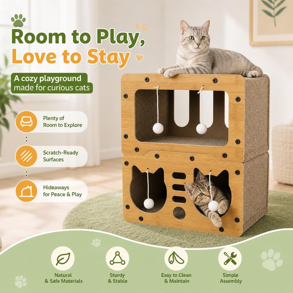 Casa tiragraffi in cartone a 2 piani, per interni, con tavola tiragraffi e palla sospesa, mobili per gatti multifunzione per giocare, riposare, dormire, 45 x 28 x 51 cm