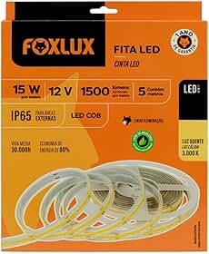 Fita LED Foxlux COB IP65 5m 15W 3000K 12V – Iluminação Contínua, Flexível e Branco Quente para Áreas Internas e Externas