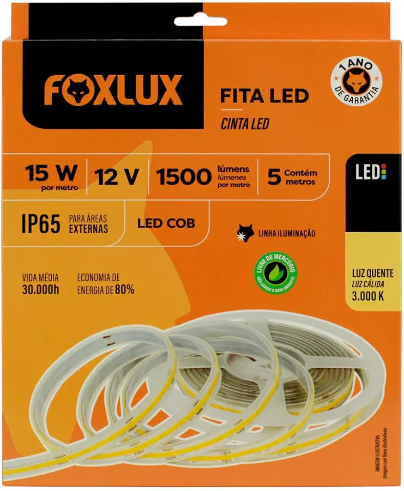 Fita LED Foxlux – COB - 15W – 12V – 3000K – 5m – LP65