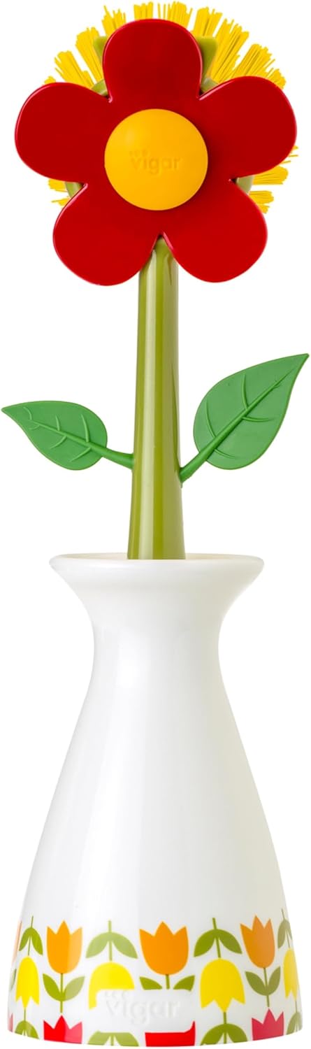 Vigar Flower Power Dish Brush with Handle and Stand - White, Red