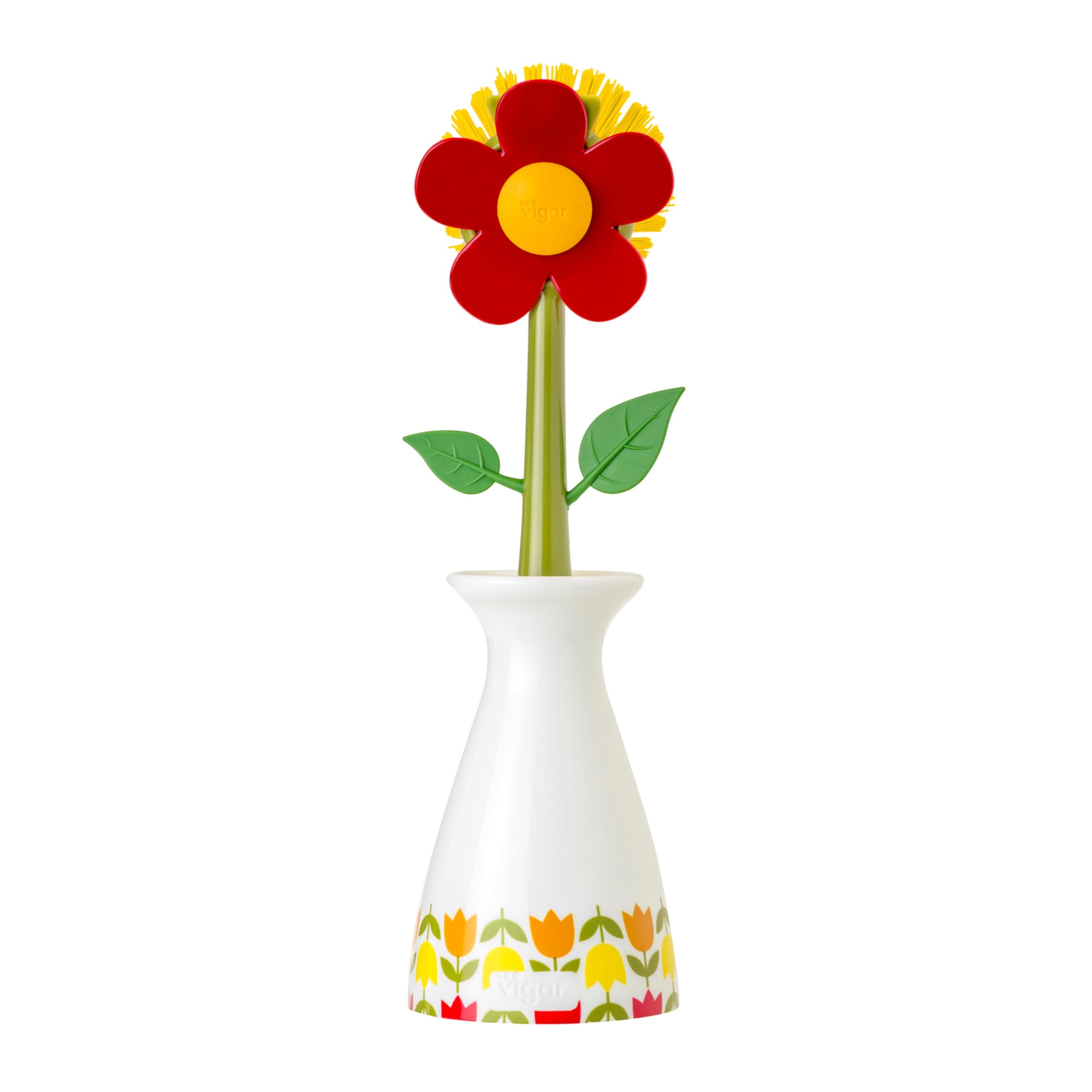 Vigar Flower Power Dish Brush with Vase Brush Holder, Dish Brush with Handle for Pot Scrubber, Dishes, Sink, and Kitchen Essentials, White, Red