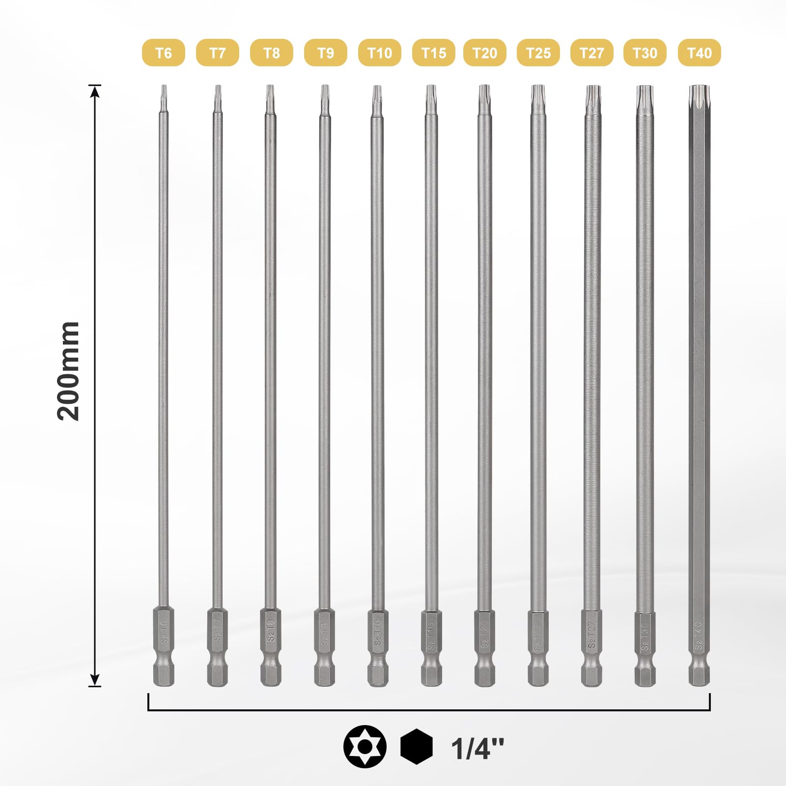 CPROSP 11 punte Torx da 200 mm, lunga punta Torx T6, T7, T8, T9, T10, T15, T20, T25, T27, T30, T40, S2, testa a stella