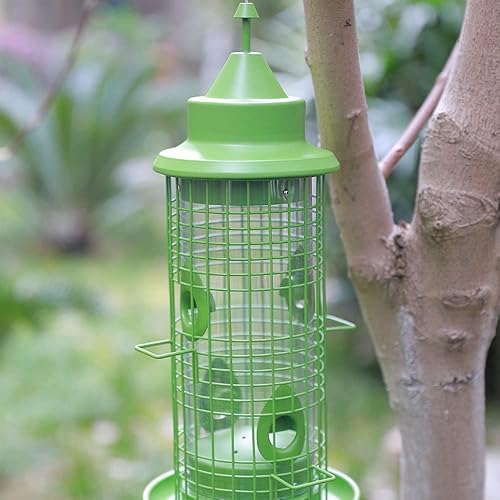 Miniatura 7 de OIMIWI Comederos para pájaros a prueba de ardillas para colgar al aire libre, alimentador de semillas de pájaros silvestres de metal con 4 puertos,