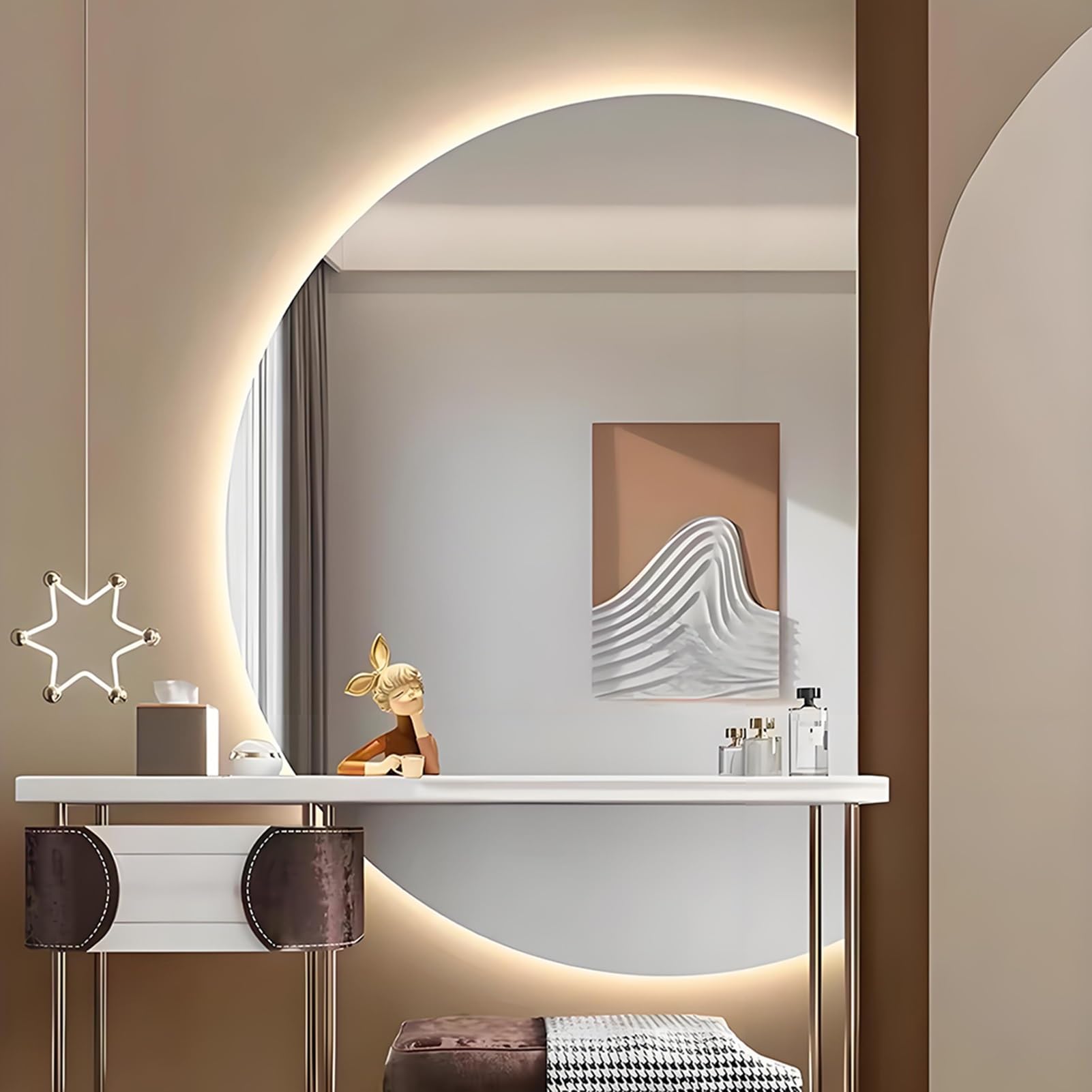 SXFSDOU Smart Bathroom Mirror, 3 Colors Dimmable Backlit Vanity Mirror 47 * 32inch, 35 24inch Half Moon LED Wall with Touch Switch(Right Cut,47"*32")