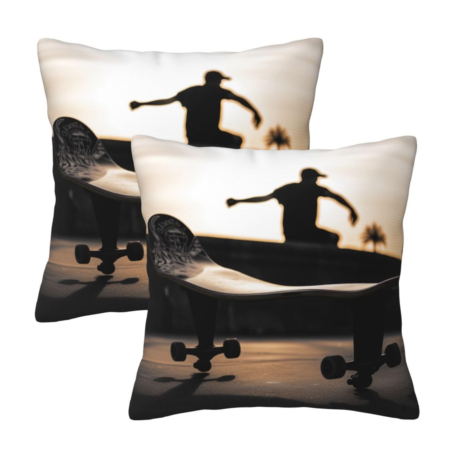 Skateboard print Throw Pillow Cases 2 Pack Square Pillowcases Soft Pillow Protectors for Couch Livingroom Sofa Bed Office Car,45x45 CM