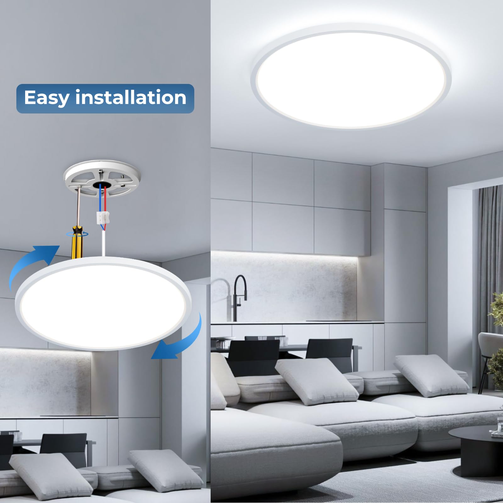 Plafonnier LED Kuwork 36W 6500K - Luminaire IP44 Pour Salle De Bain, Cuisine, Salon 23cm