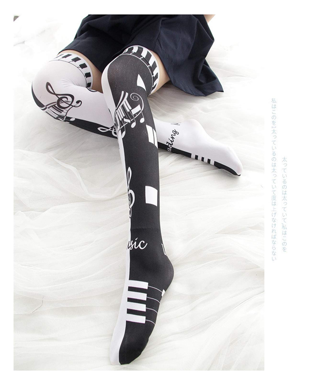 Original Lolita Black White Key Note Drucken High Socken Langlauf-Knie-Socks Warm (Color : Black)