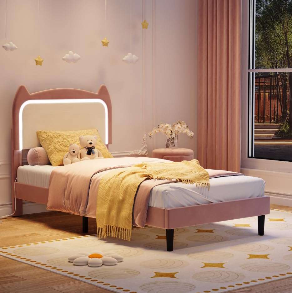 Garvee Twin Upholstered LED Bed Frame with Cute Cat Headboard, Velvet Princess Platform Bed Frame with Sturdy Wood Slats Support for Girls/Kids, No