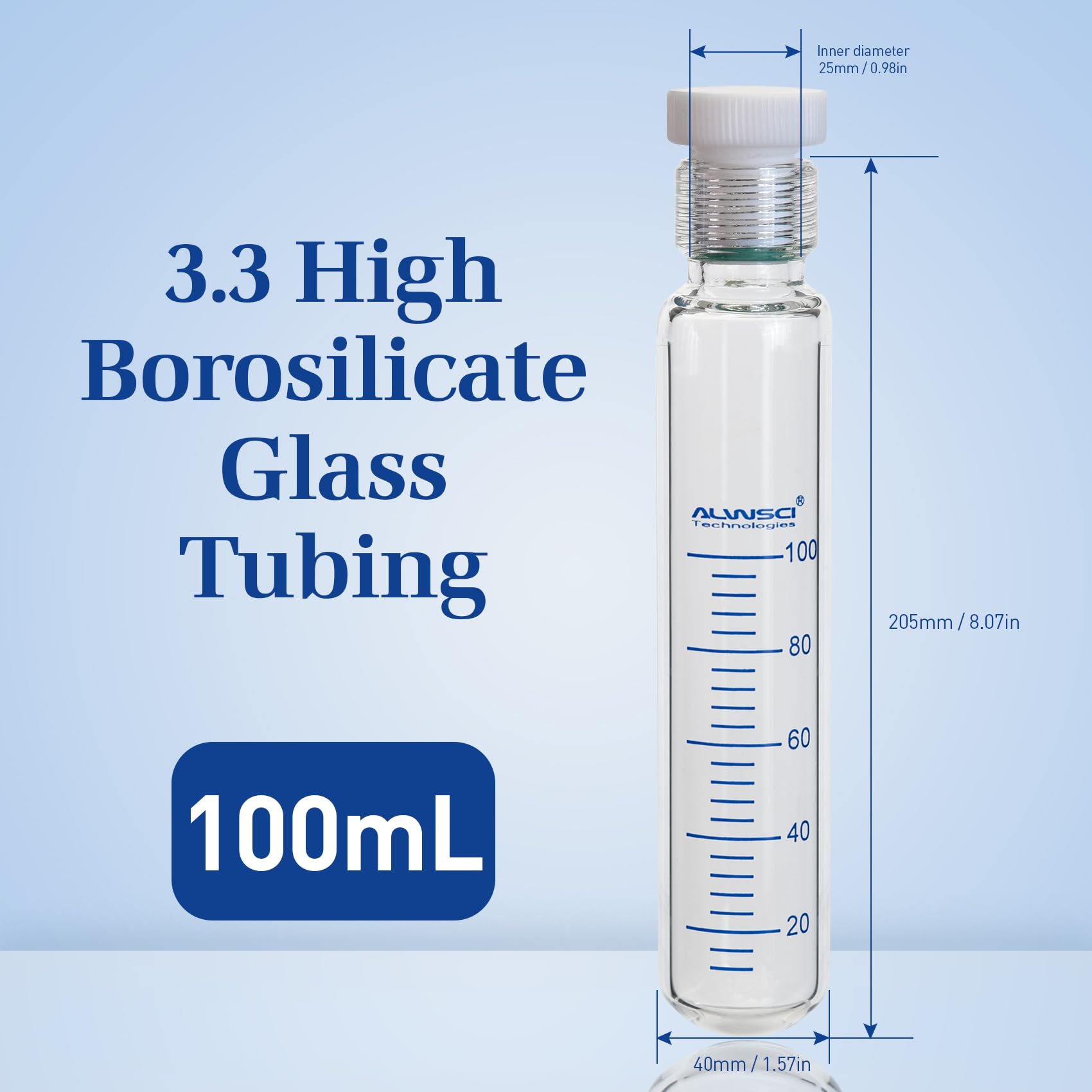 ALWSCI 100 mL Frasco de Presión de Pared Gruesa con Tapón Roscado de PTFE, Borosilicato 3.3, Recipiente de Vidrio para Alta Presión de Laboratorio 40x205mm