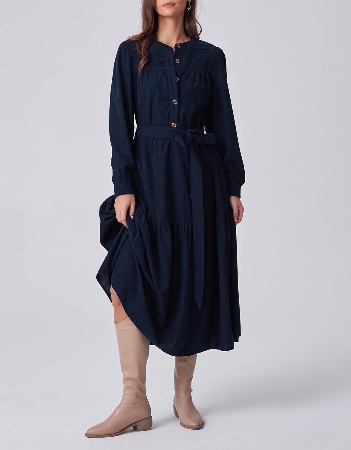 Kedera Elegant Corduroy Dress Women Long Sleeve Button Down Spring Shirt Long Maxi Dress with Belt - Image 3
