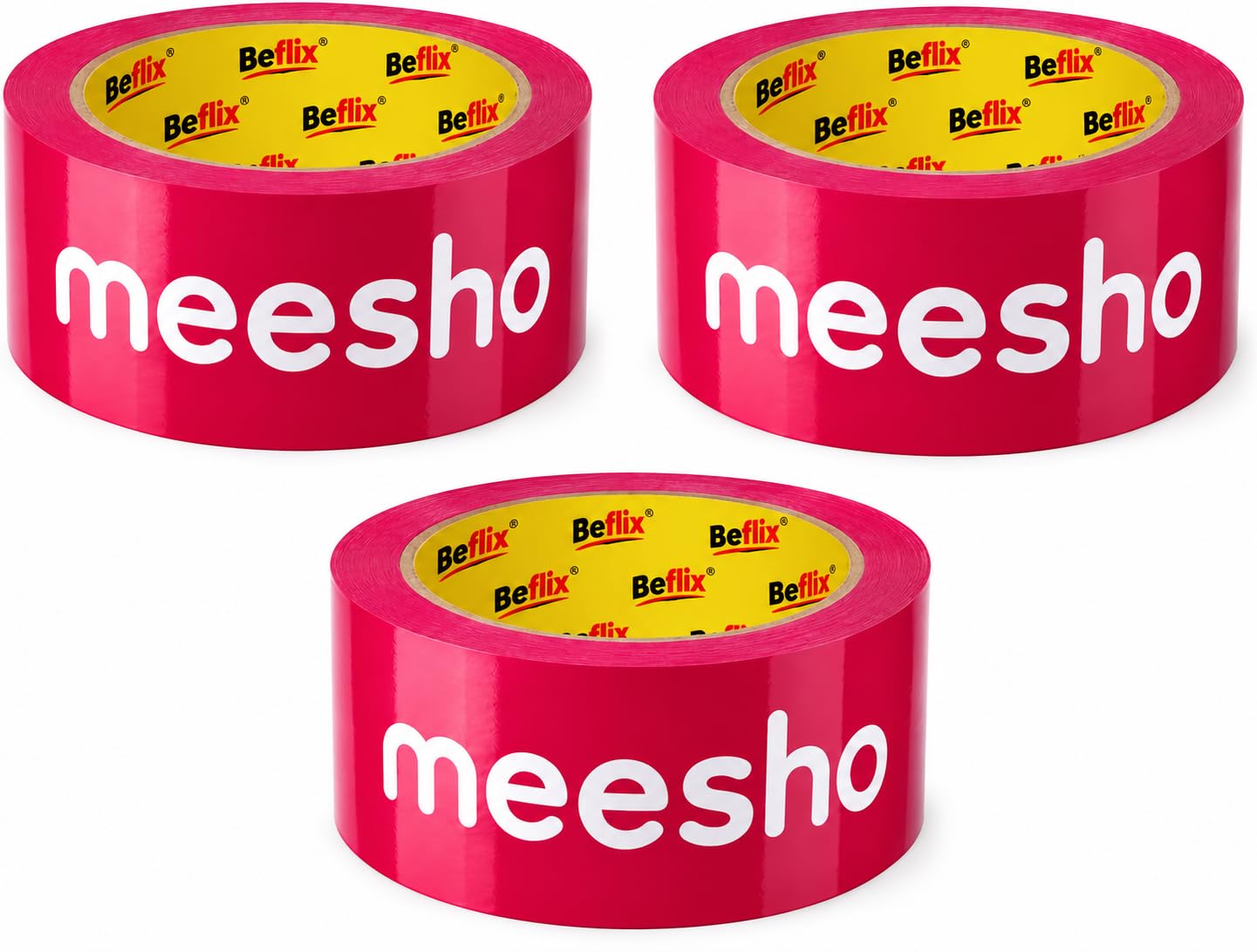 Beflix Self-Adhesive Printed Meesho Packing Cello Tape - 65 Meters in Length - 48mm/ 2" Width, 3 Rolls Per Pack BOPP Industrial Packaging Tape for E-Commerce Box Packing, Pink