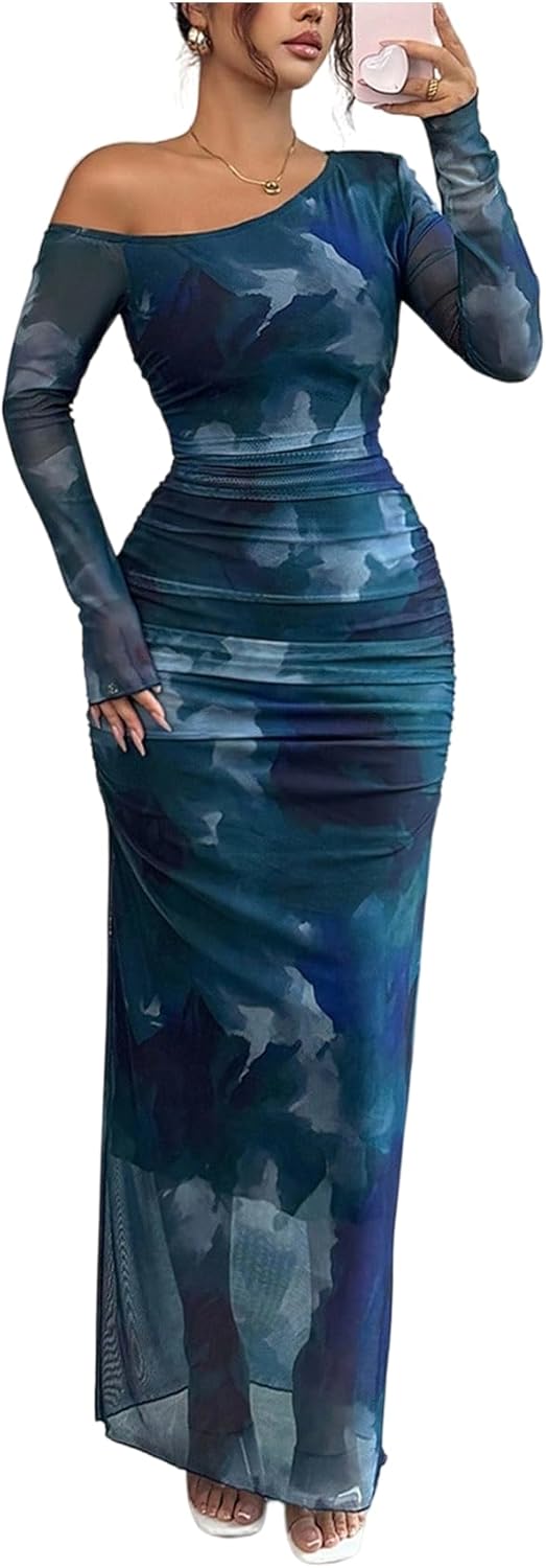 SHENHE Women's Off The Shoulder Dress Long Sleeve Tie Dye Ruched Maxi Cocktail Dresses Fall