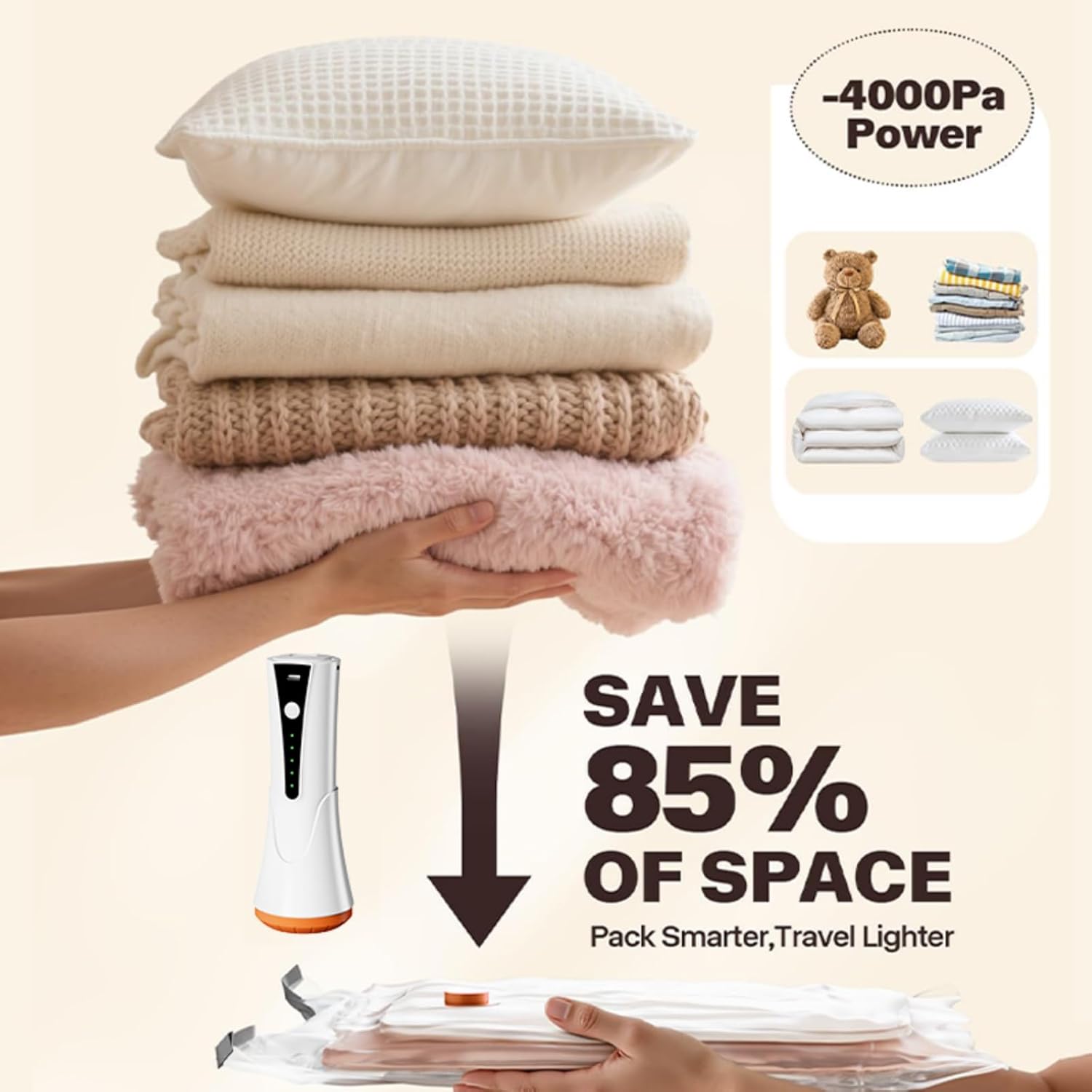 旅行用真空バッグ 充電式エアポンプ付き 圧縮梱包袋 16枚パック 80%省スペース真空シールバッグ 衣類、毛布、掛け布団、枕、スーツ