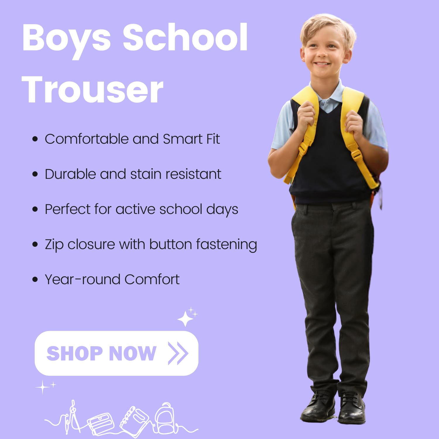 Pantalones de escuela de teflón delgados para niños con ajuste de cintura frontal plano y uniforme formal
