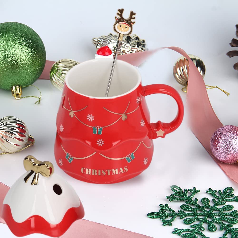 GOWENIC Christmas Coffee Mug, Coffee Ceramic Mug Funny Christmas Tea Cup Milk Mug with Lid Spoon, 500ml Large Capacity, for Friends Home Holiday Christmas Gifts(Red)