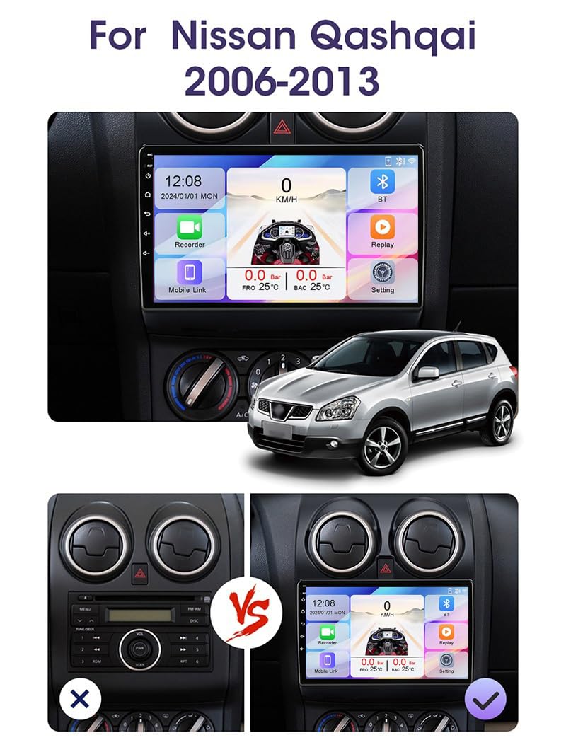 Android 15 2 DIN Car Stereo 9-calowy ekran dotykowy do Nissana Qashgai 2006-2013 Odtwarzacz MP5 z Bluetooth CarPlay i Android Auto/Radio FM AM RDS/Sterowanie z kierownicy