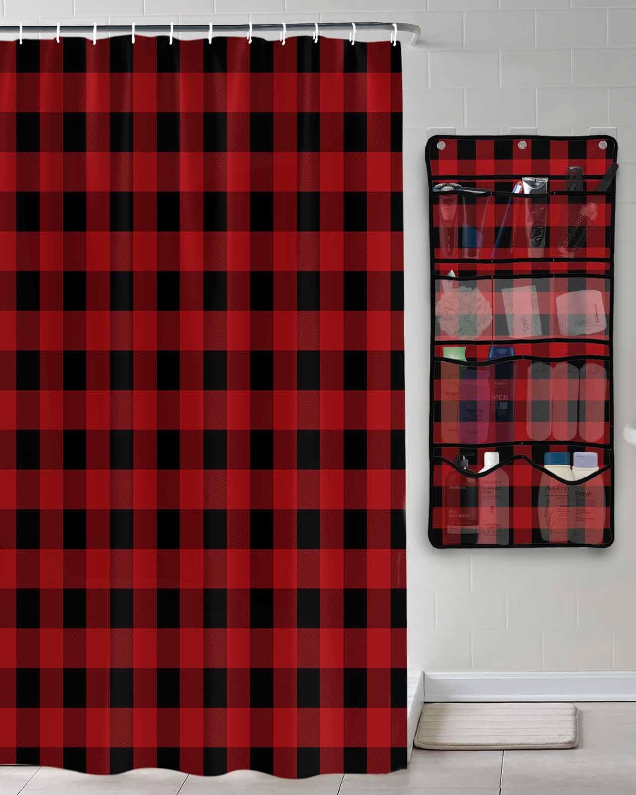 Shower Curtain Mesh Shower Organizer Hanging Set Black Red Buffalo Plaid Checked Waterproof Shower Curtains with 10 Pockets