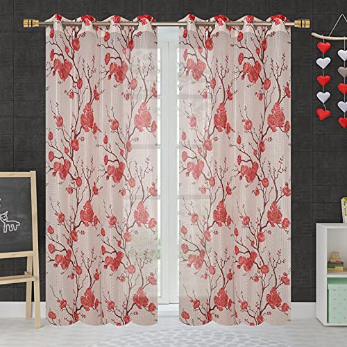 Image of Premium Polyester Floral Sheer Printed Net Combination Transparent Beautiful Curtains Set of 3 Piece for Window Maroon 5 Feet