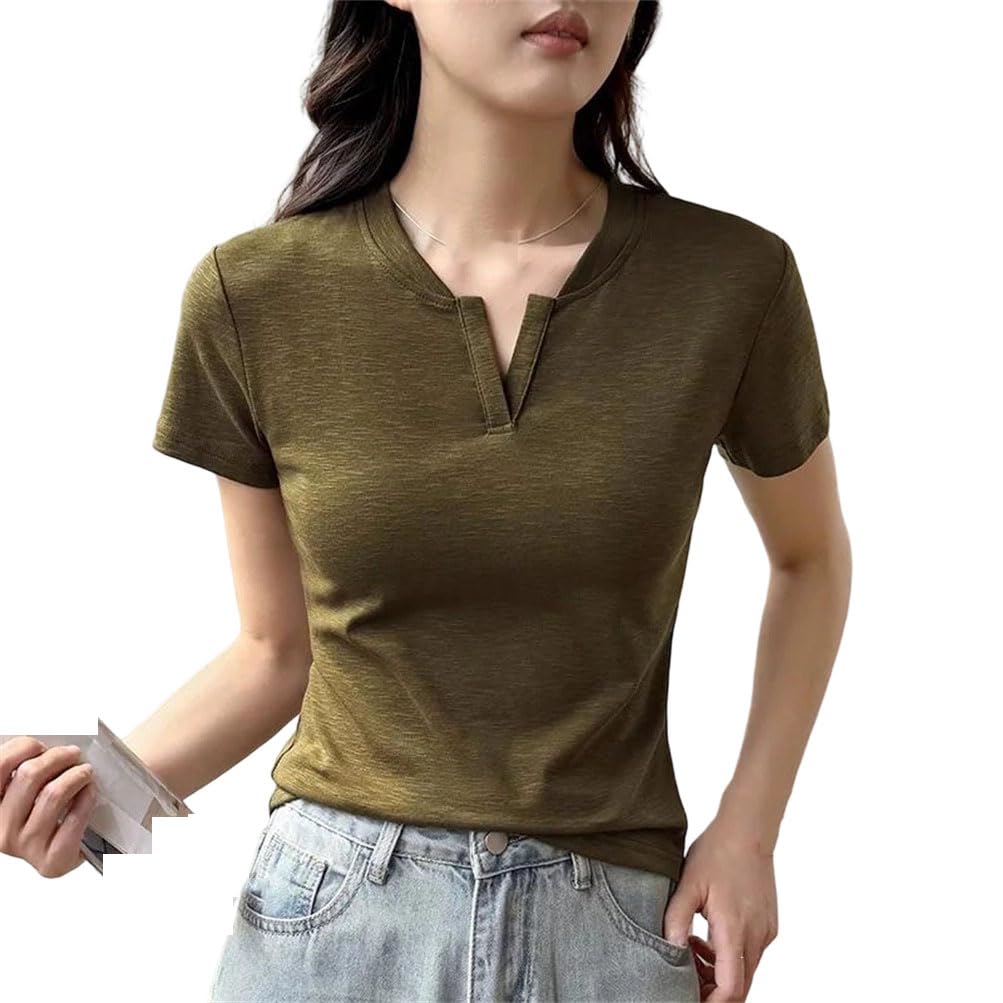 Camiseta de verano de manga corta con cuello en V para mujer, ajuste delgado, básica, simple, suave, para uso diario