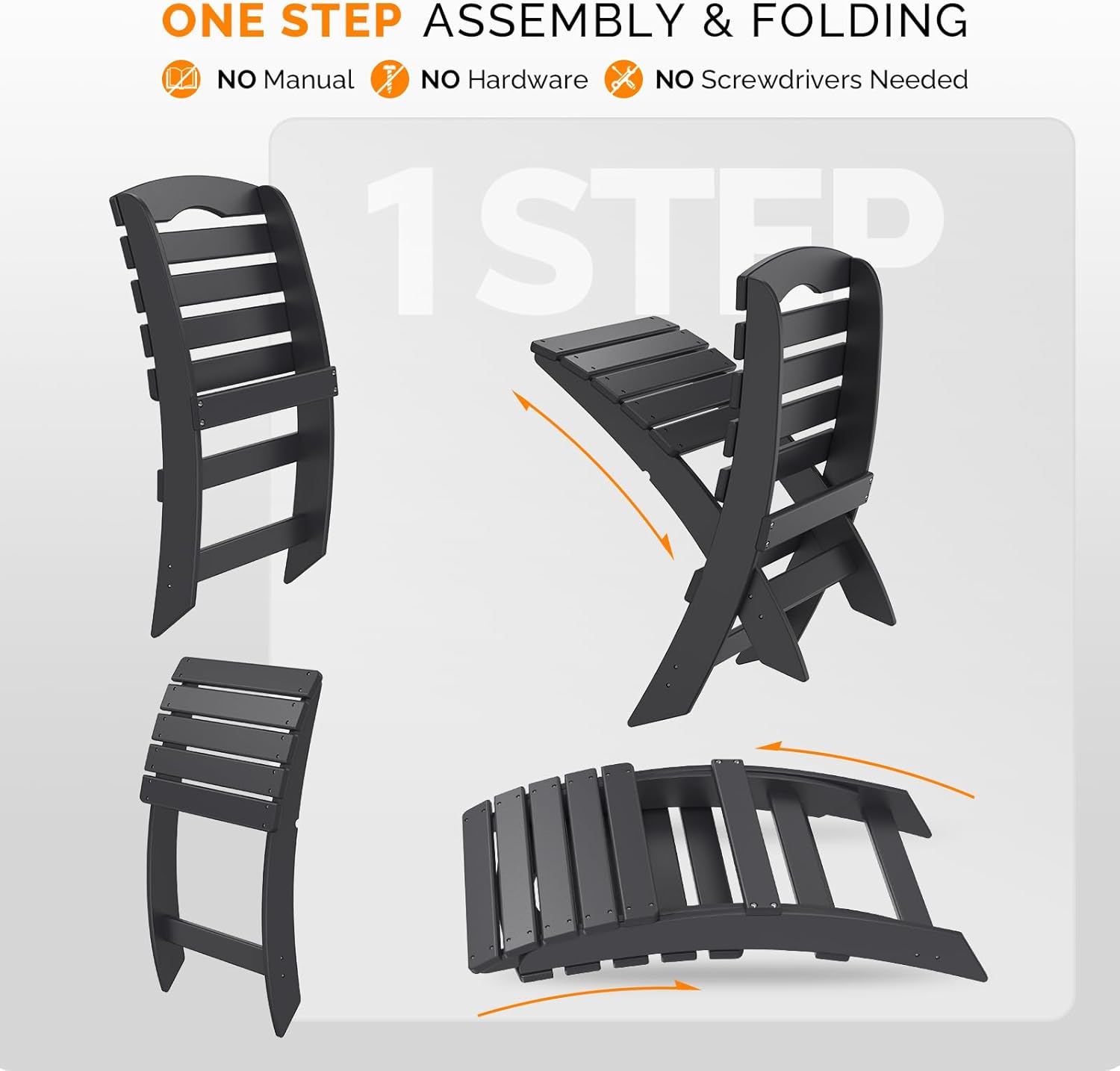 VINGLI Portable Adirondack Chairs Set of 4, Folding Plastic Adirondack Chair for All Weathers, Outdoor Fire Pit Chairs for Patio Poolside Porch Beach, Capacity 350 LBS, Black