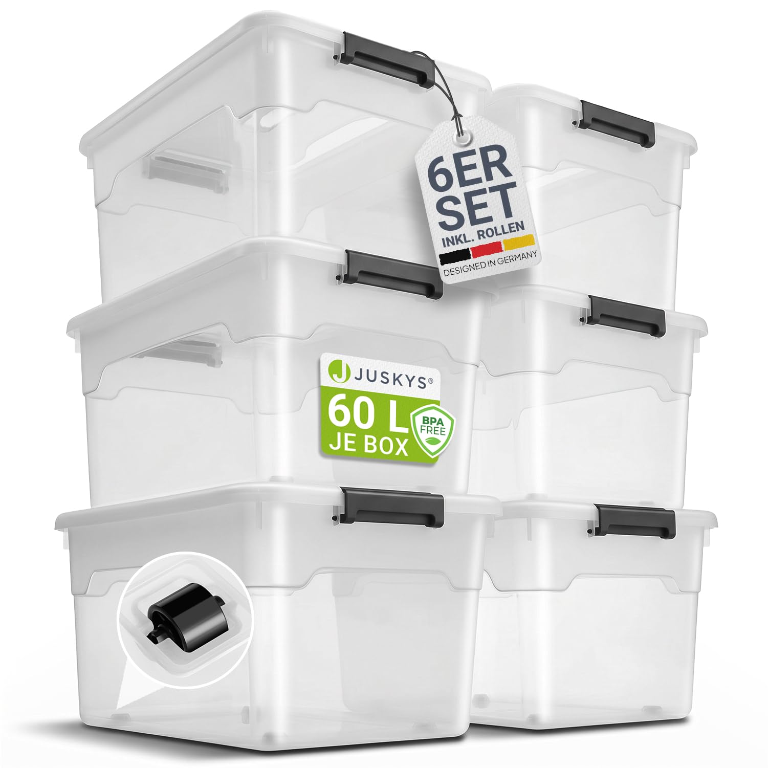 Juskys Aufbewahrungsbox mit Deckel - 6er Set Kunststoff Boxen 60l - Box groß, stapelbar, transparent - Aufbewahrung Ordnungssystem Aufbewahrungsboxen
