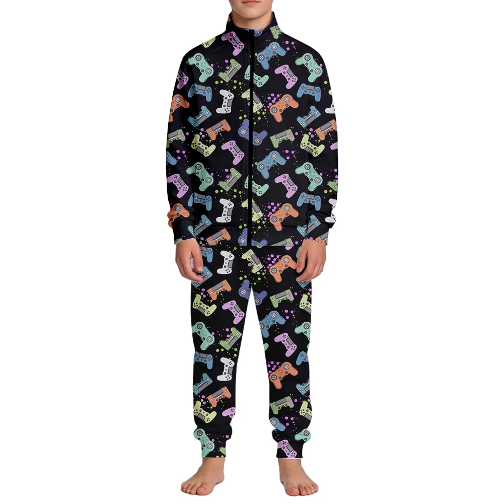 SQPO Girls' Boys' Two-Piece Sportswear Retro Gamer Controller Zippered Lapel Long-Sleeved Jacket And Sweatpants Kids Set XX-Large 170