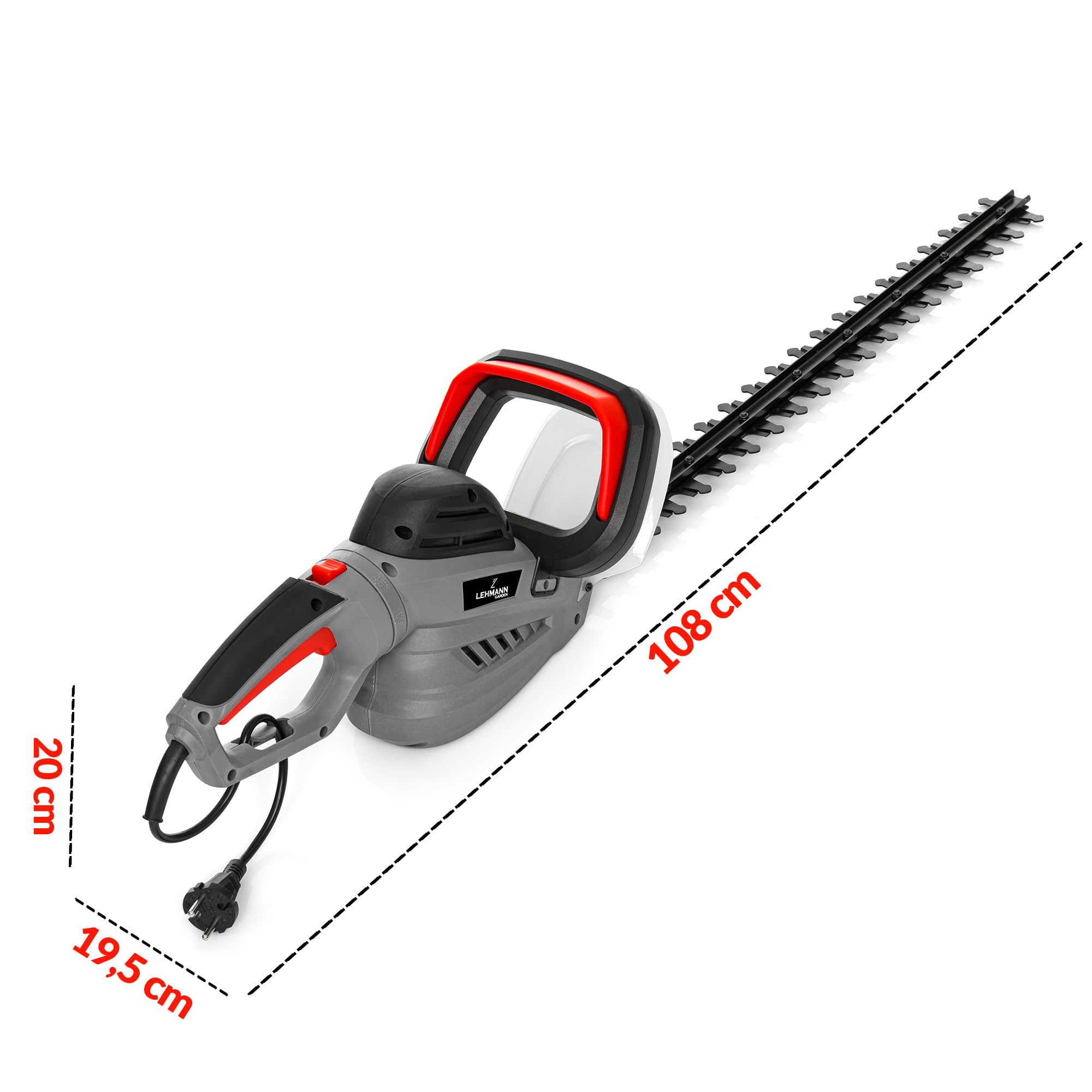 LEHMANN Elektro-Heckenschere, 61 cm Messerlänge, 20 mm Schnittstärke, maximale Leistung 1800 W, Anschlagschutz, ergonomischer Griff & Leicht 3,7 kg, Heckenschneider für Hecken und Sträucher, Grau