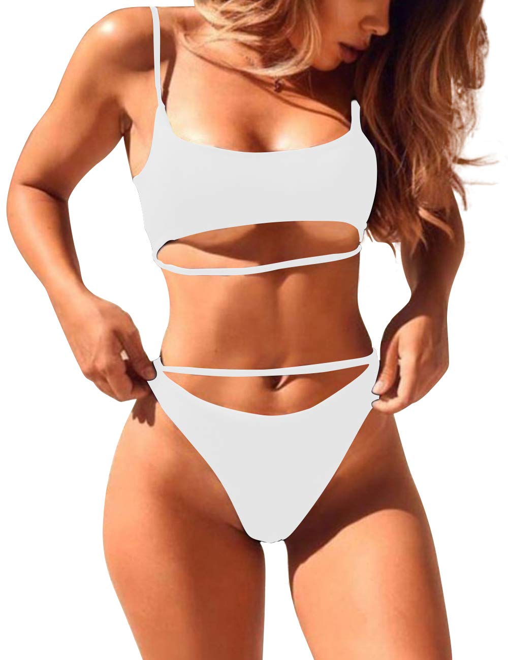 DaiLiWei Womens 2 Piece Brazilian Thong Bikini Sets High Cut Swimsuits Padded Scoop Neck Push Up Top Bathing Suits Cheeky Swimwear, Bikini Set - Small - Swimsuit Bandage White