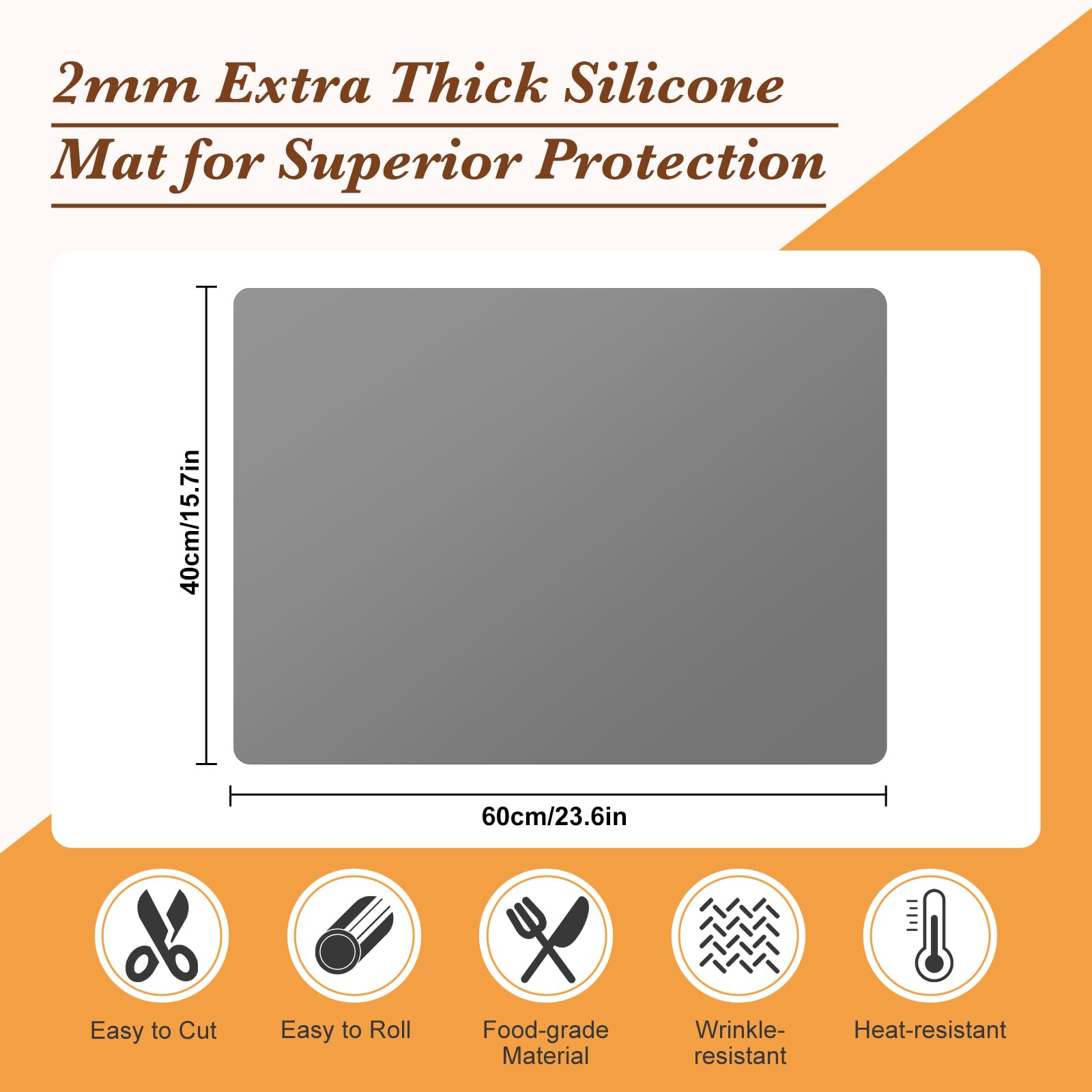 2mm Tappetino Silicone Resistente al Calore per Friggitrice ad Aria 60x40cm, Senza Pieghe Grande Tappetino per Lavoro in Cucina, Protezione per Piattaforma di Lavoro (Grigio)