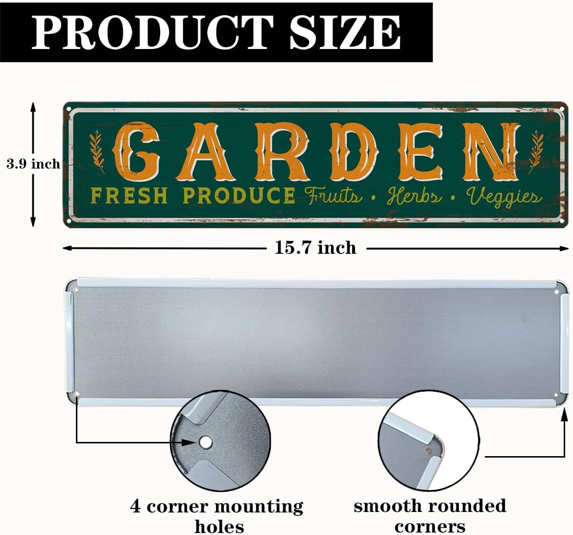 Garden Metal Tin Sign, Fresh Produce Fruits Herbs Veggies, Vintage Farmhouse Outdoor Wall Decor, for Garden Porch Patio Fence Yard, for Gardening Lovers, 15.7 x 3.9 Inches