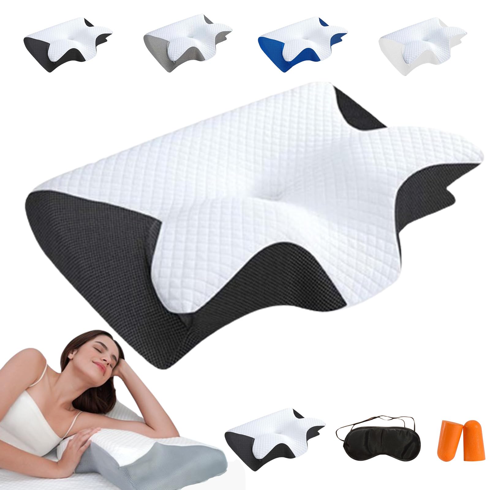 Lunava Almohada ortopédica, almohada ortopédica ergonómica, almohada de espuma viscoelástica transpirable con tapones para los oídos antifaz para dormir de lado, espalda y boca abajo, lavable (D, 1