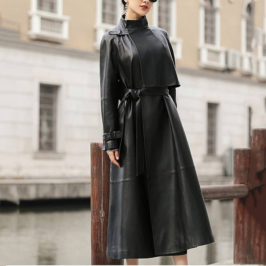 Amazon.co.jp: SMEJS ロング レザー トレンチコート レディース