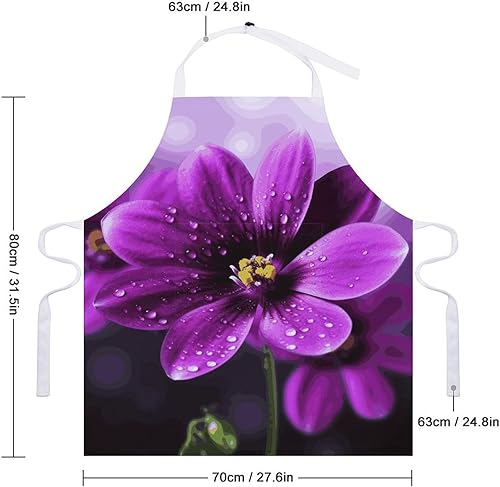 Miniatura 2 de MUSM Delantal de flores moradas, clásico vintage divertido con bolsillos delantales, babero ajustable resistente a gotas de agua para cocina,