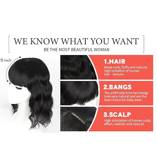 Miniatura 3 de Maery Peluca de cabello rizado natural ondulado de 14 pulgadas con flequillo para mujer, con volumen de 4 x 5.3 pulgadas, base de seda, parte media,
