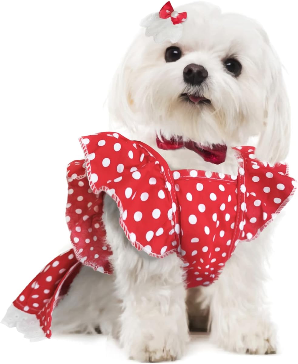 Dog Dress for Small Dogs Girl Chihuahua Yorkies Female Dog Clohtes Pet Polka Dot Sundress Puppy Tutu Princess Dresses with Dog Bowknot Hair Bows Doggie Cats Skirt Summer Outfits