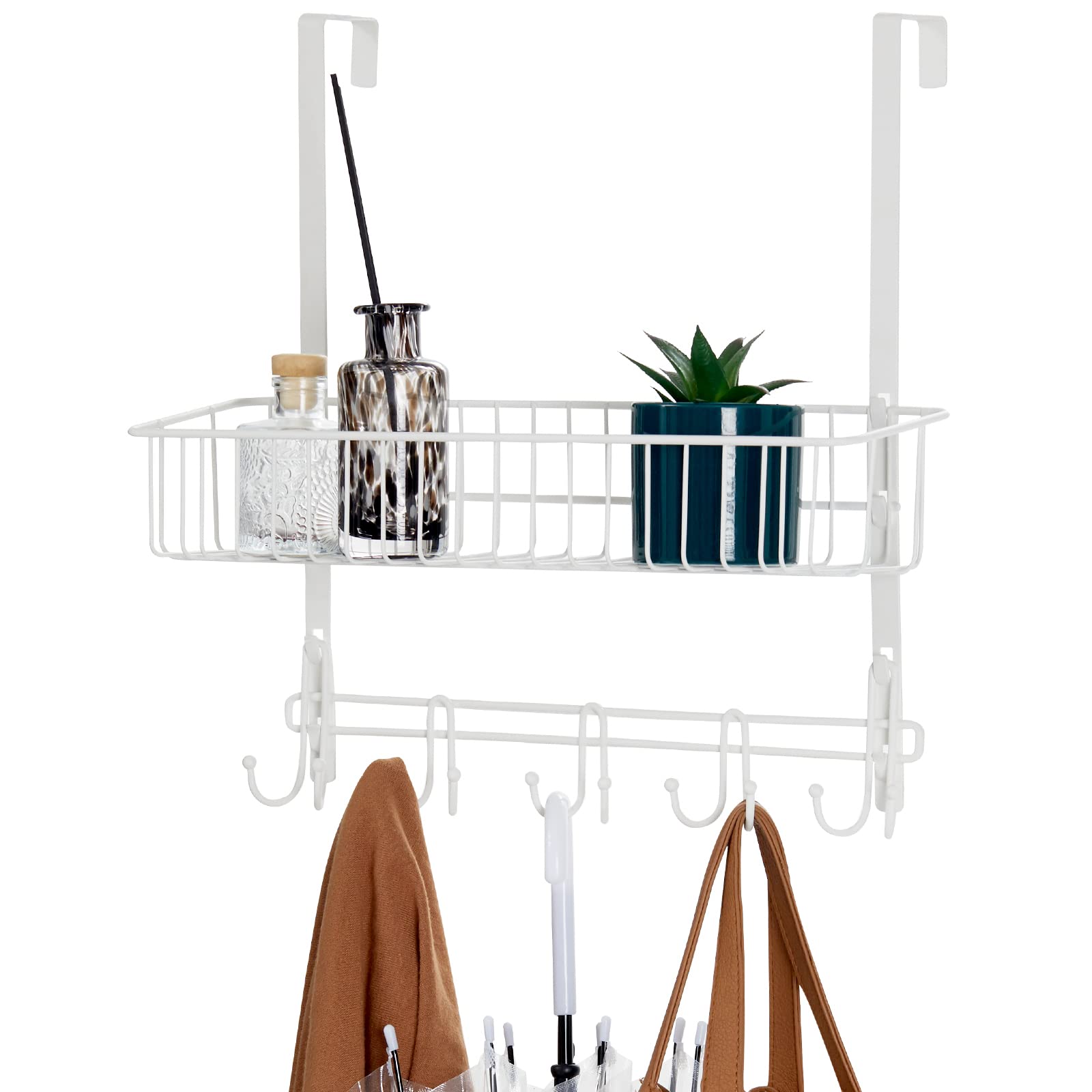 Photo 1 of [New]Over The Door Hooks, 2-Tier Metal Detachable Door Hangers with Mesh Basket (White)