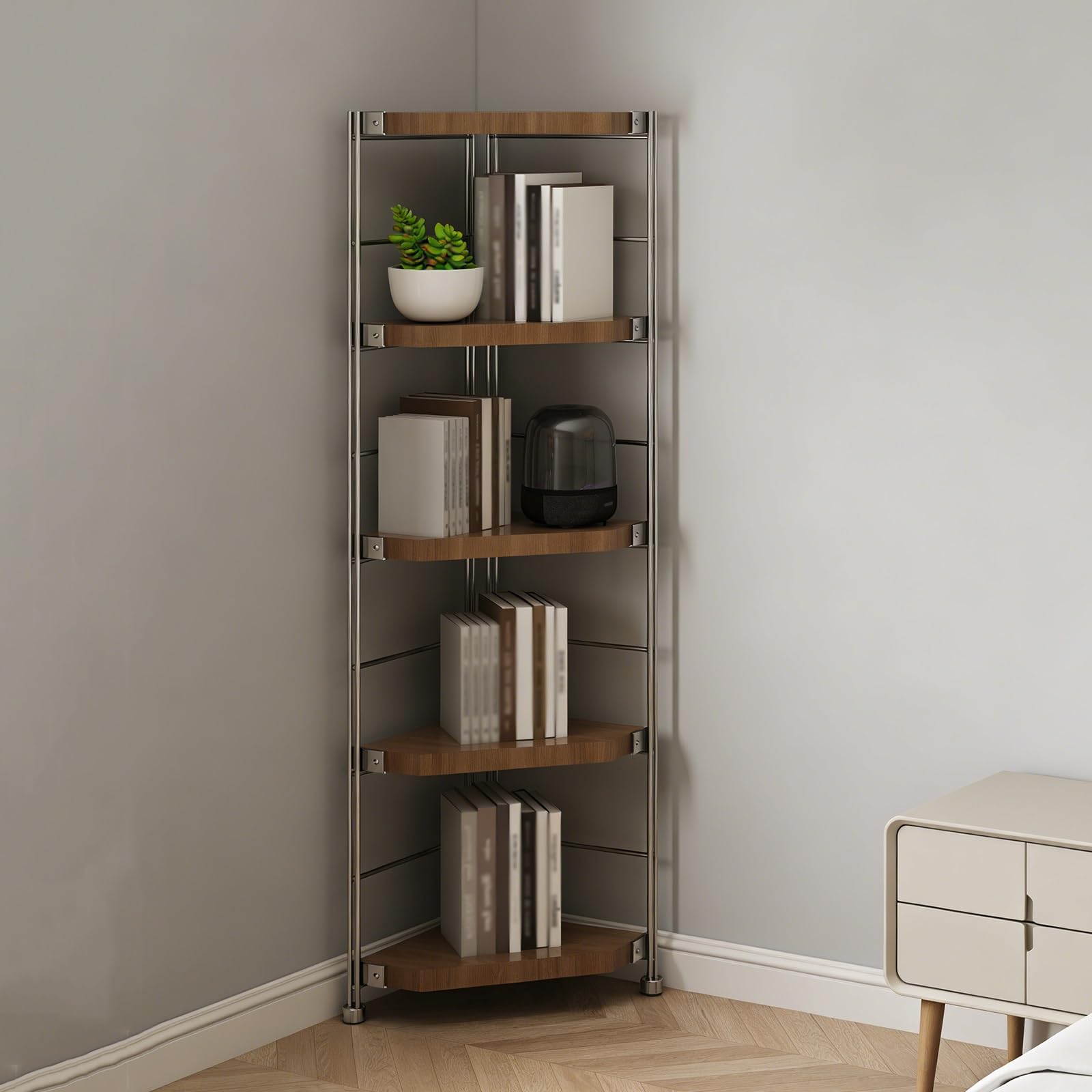 Estante esquinero de madera de 5 niveles ajustables con soporte metálico estable