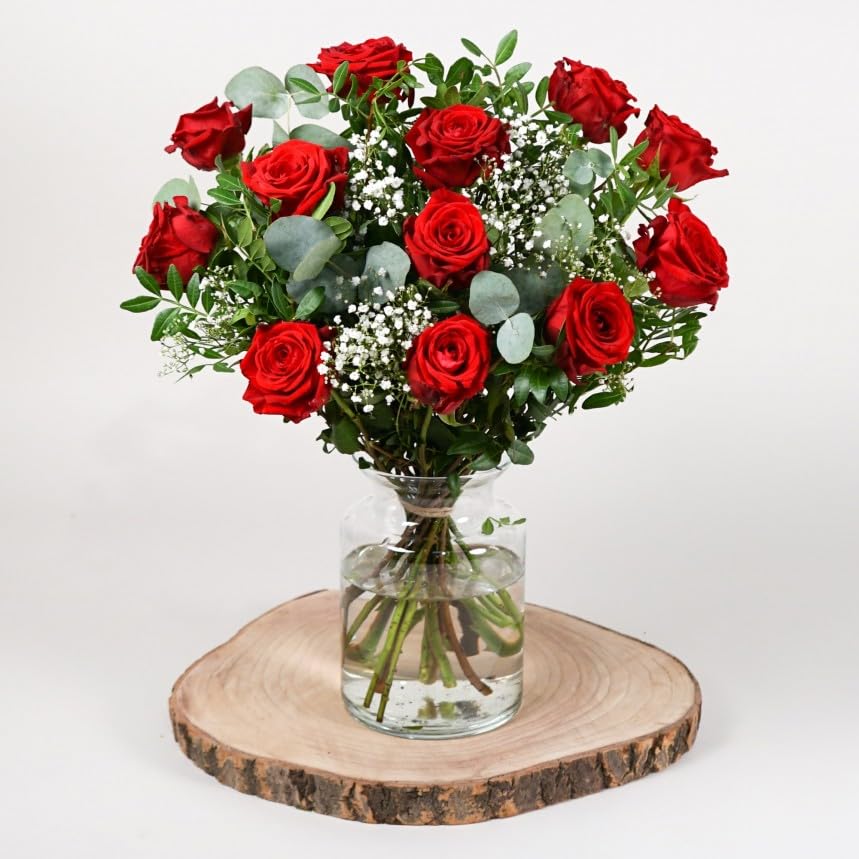 Fleur De Luxe Flower Of Love Red Fresh Flower Bouquet, Valentine'S Day Romantic Roses And Seasonal Blooms Gift, Hand Tied Arrangement For Her, Anniversary Birthday Or Date Night