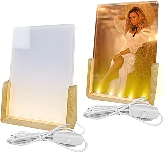 SYWAN Sublimation Night Lights Blank, 2 Pack Wood LED Acrylic Photo Frame 4" x 6" with Warm Light Sublimation Picture Frame Wood Stand Light for Heat Press Machine Printing